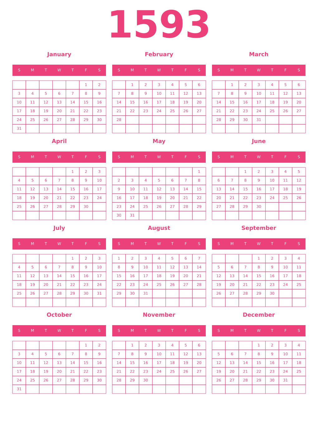 Printable 1593 Year Calendars pink