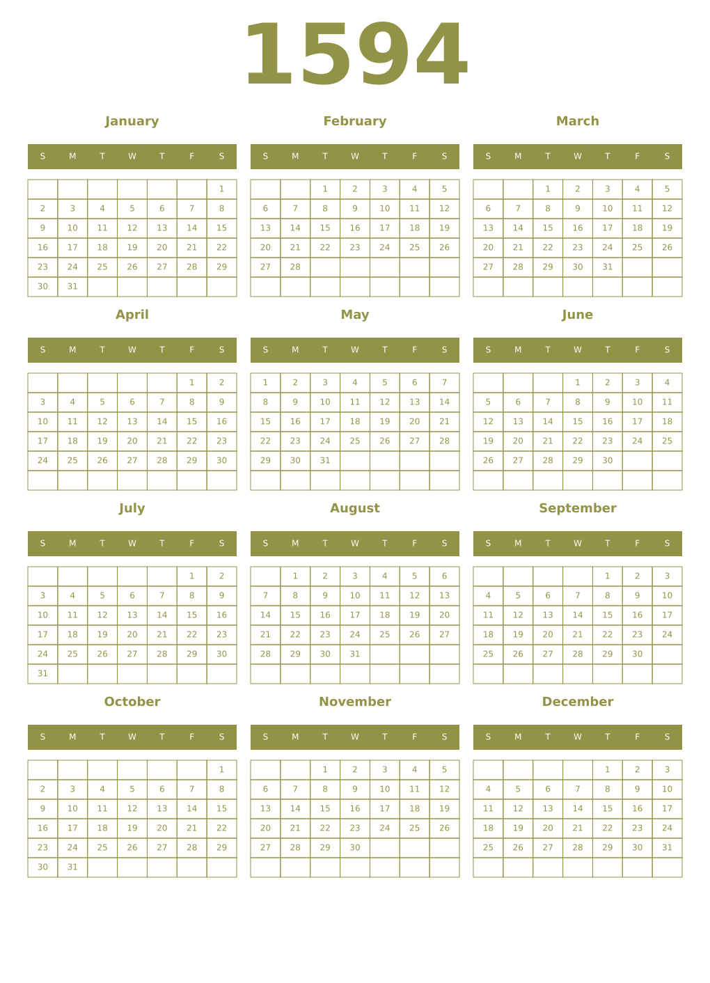 Printable 1594 Year Calendars eburnean