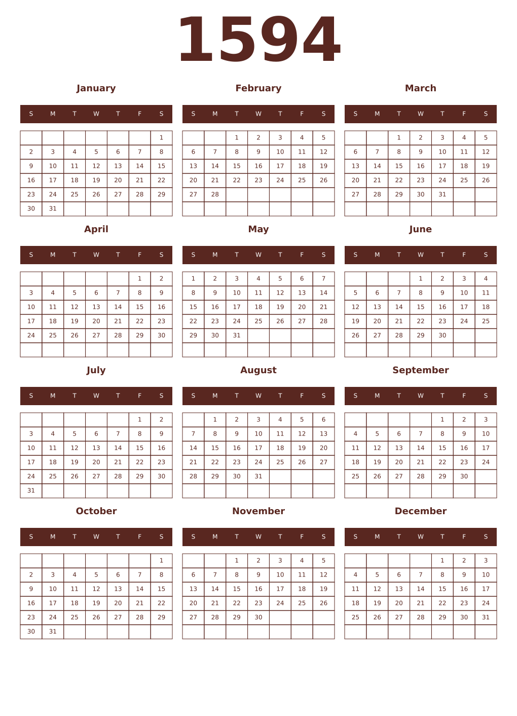 Printable 1594 Year Calendars mortuum