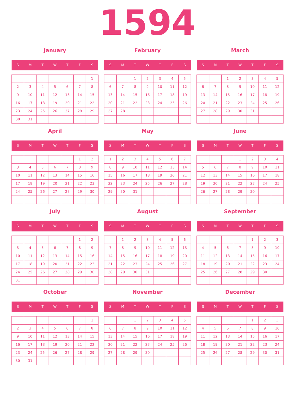 Printable 1594 Year Calendars pink