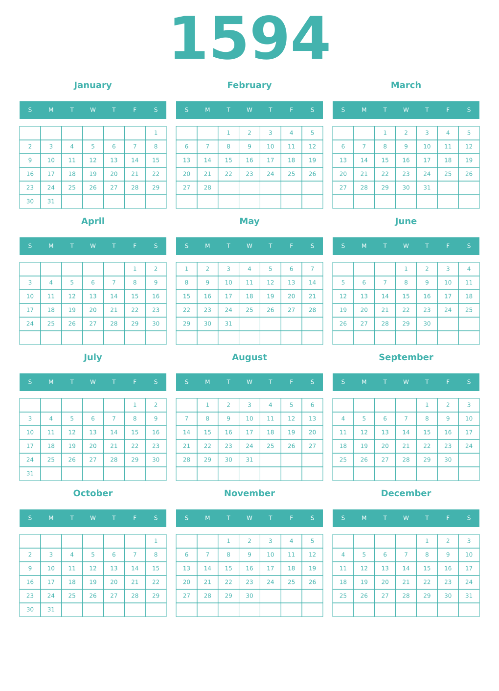 Printable 1594 Year Calendars verdigris