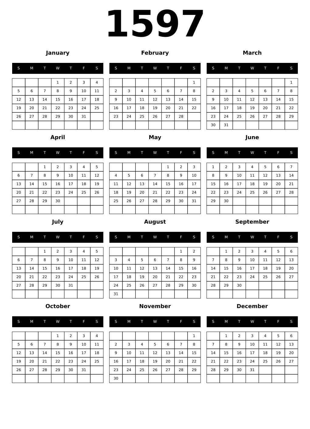 Printable 1597 Calendars