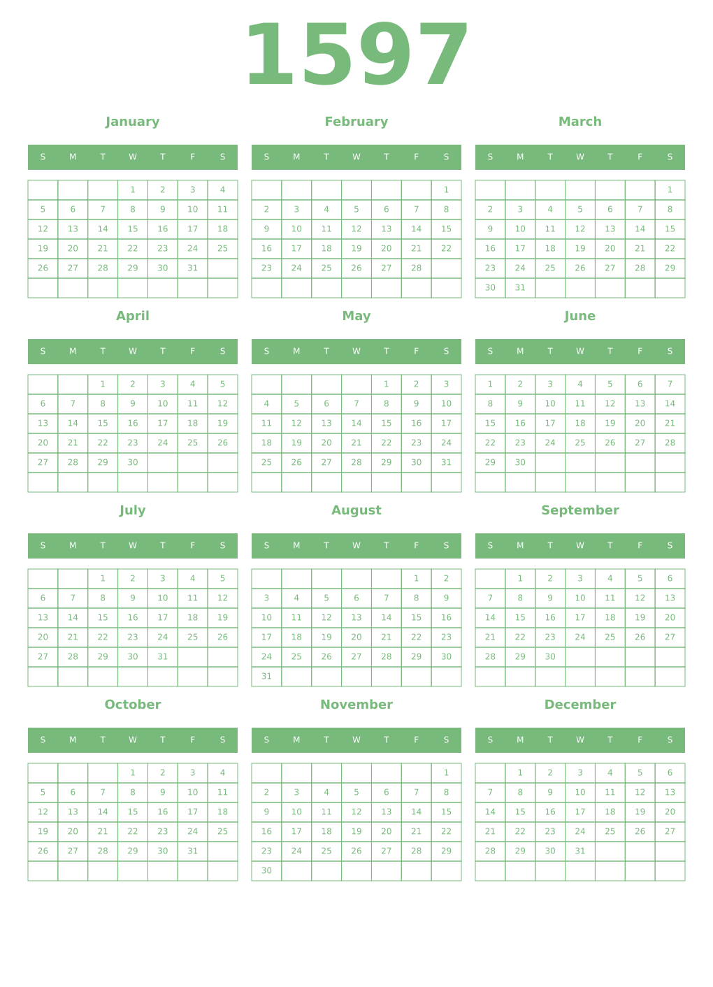 Printable 1597 Year Calendars celadon