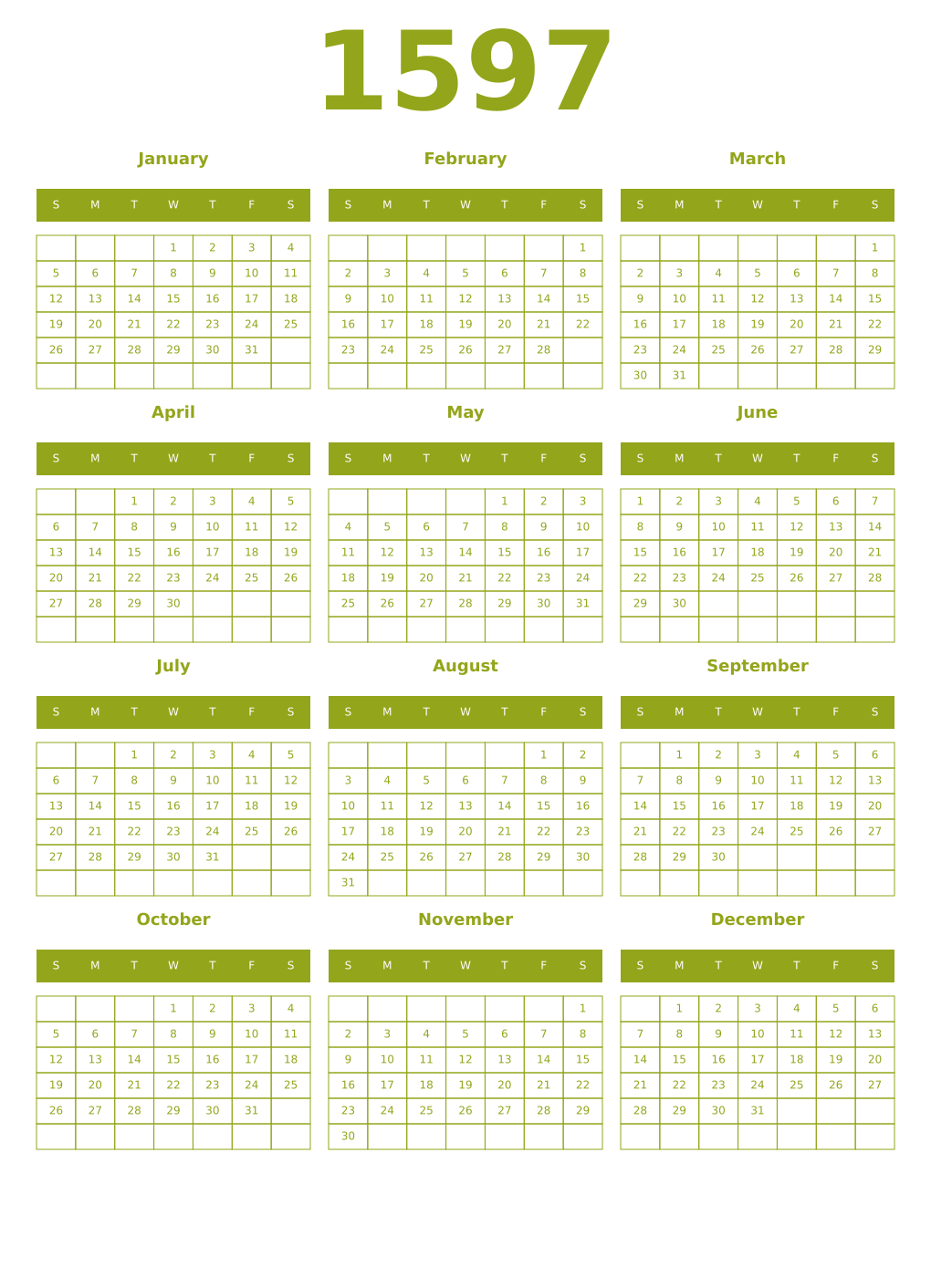 Printable 1597 Year Calendars chartreuse