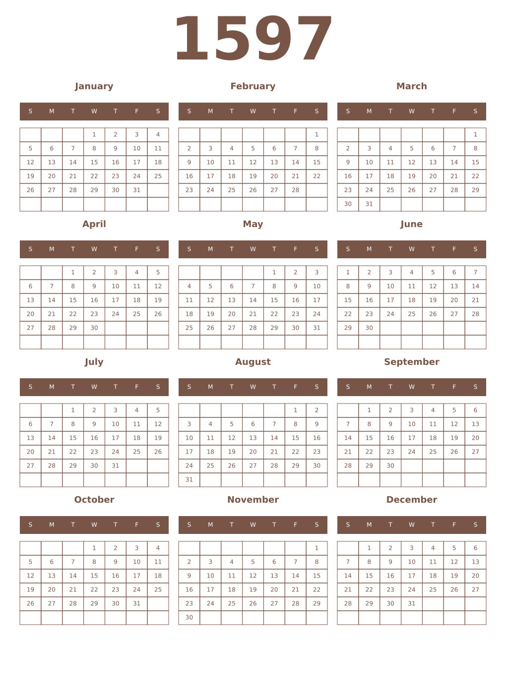 Printable 1597 Year Calendars coffe