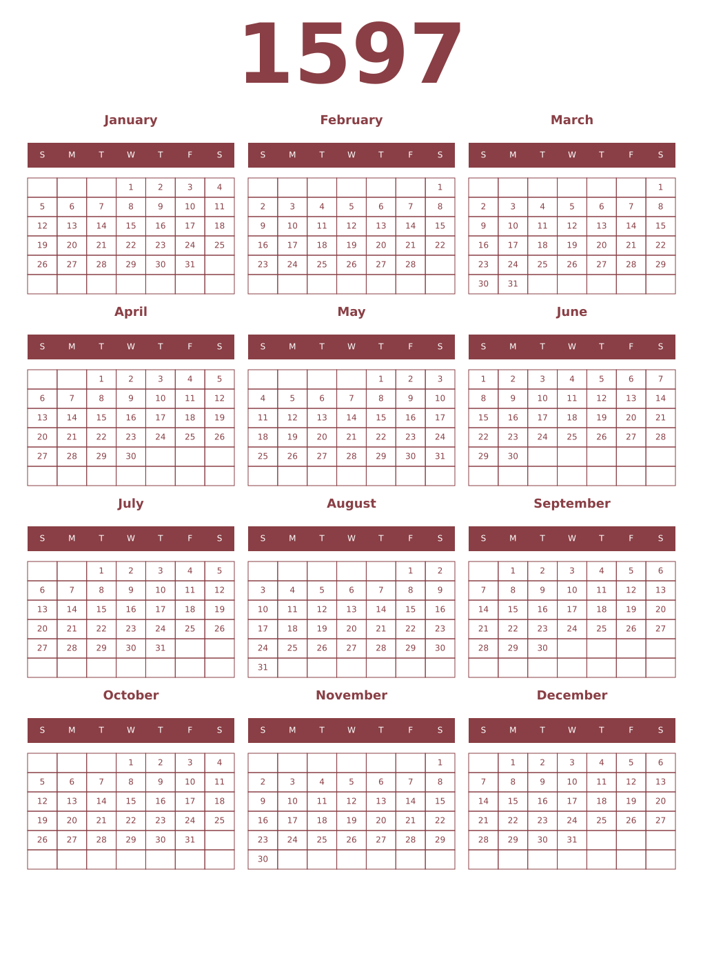 Printable 1597 Year Calendars cordovan