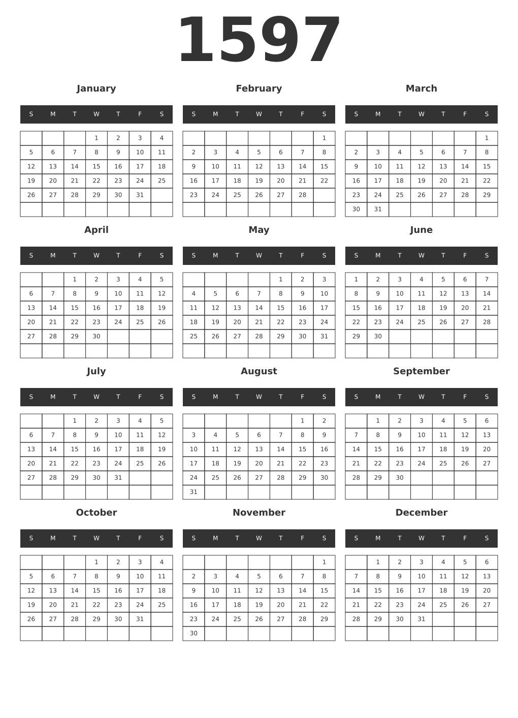 Printable 1597 Year Calendars dark