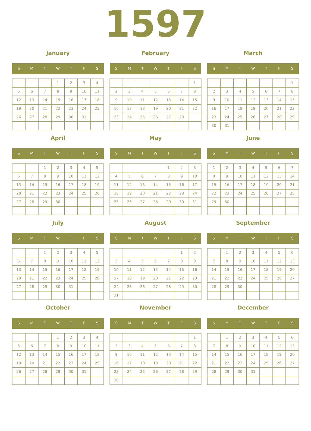 Printable 1597 Year Calendars eburnean