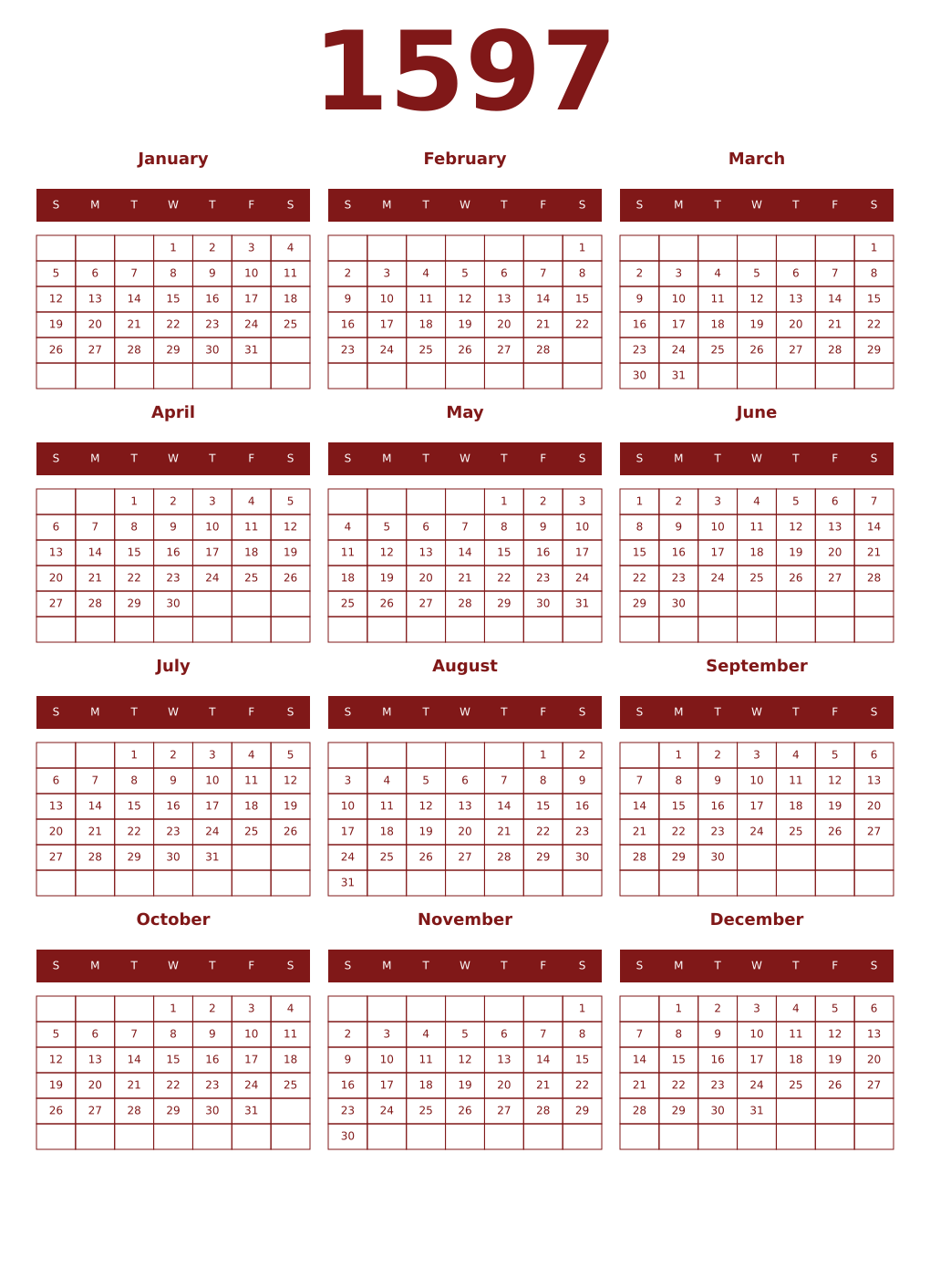 Printable 1597 Year Calendars falu