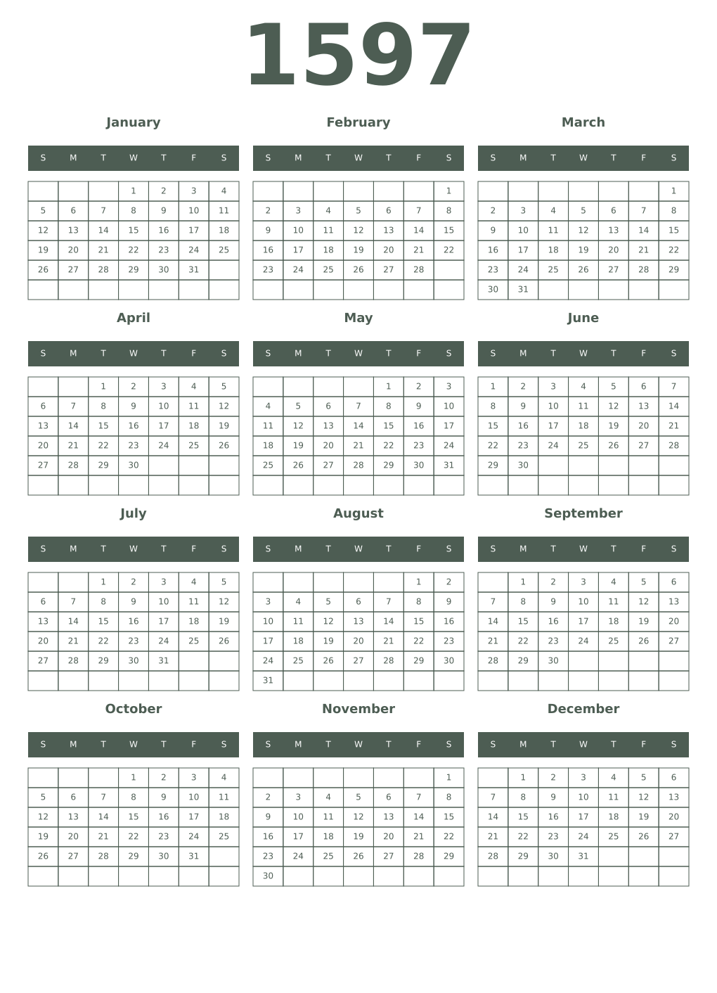 Printable 1597 Year Calendars feldgrau
