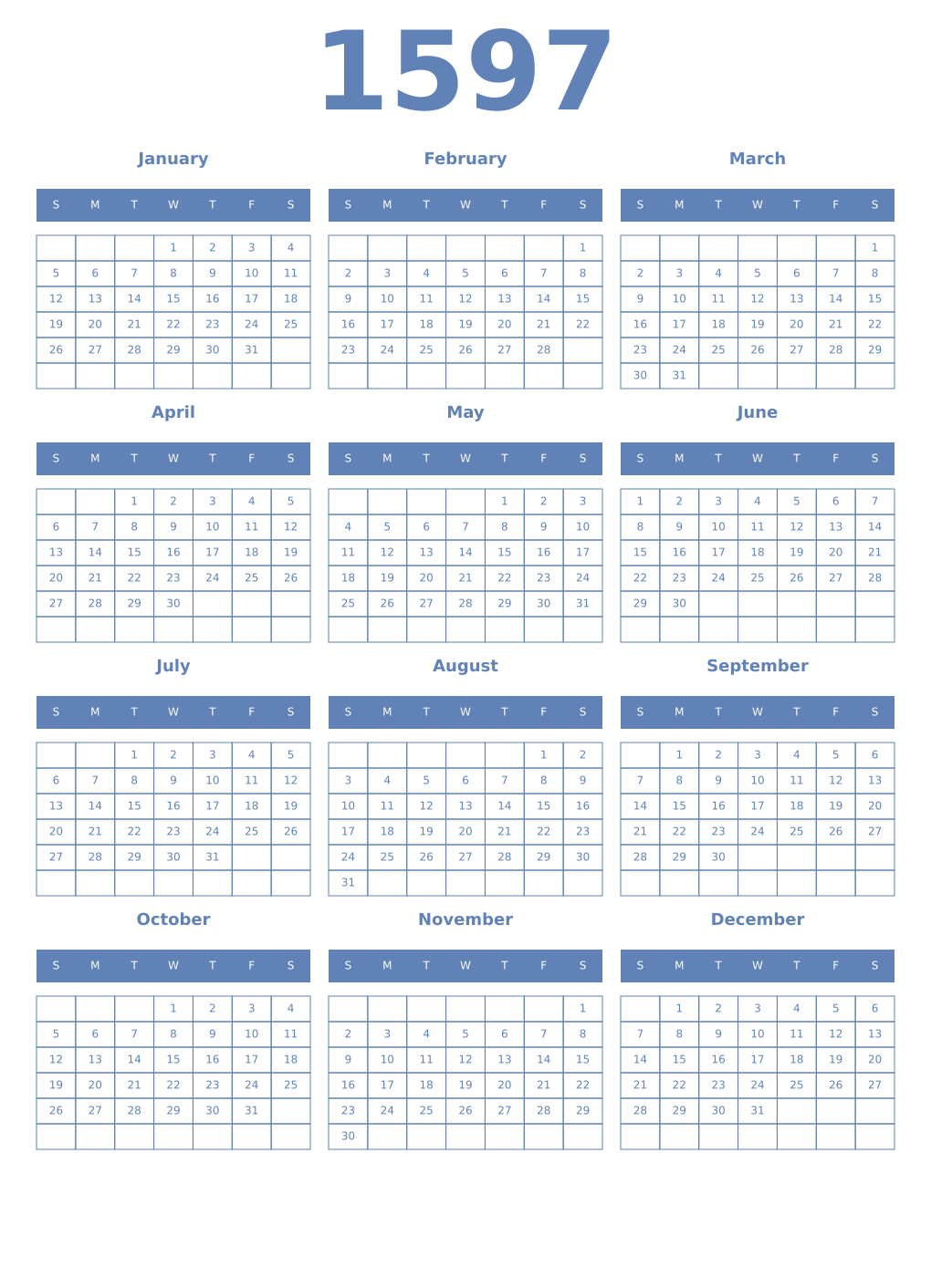 Printable 1597 Year Calendars glaucous