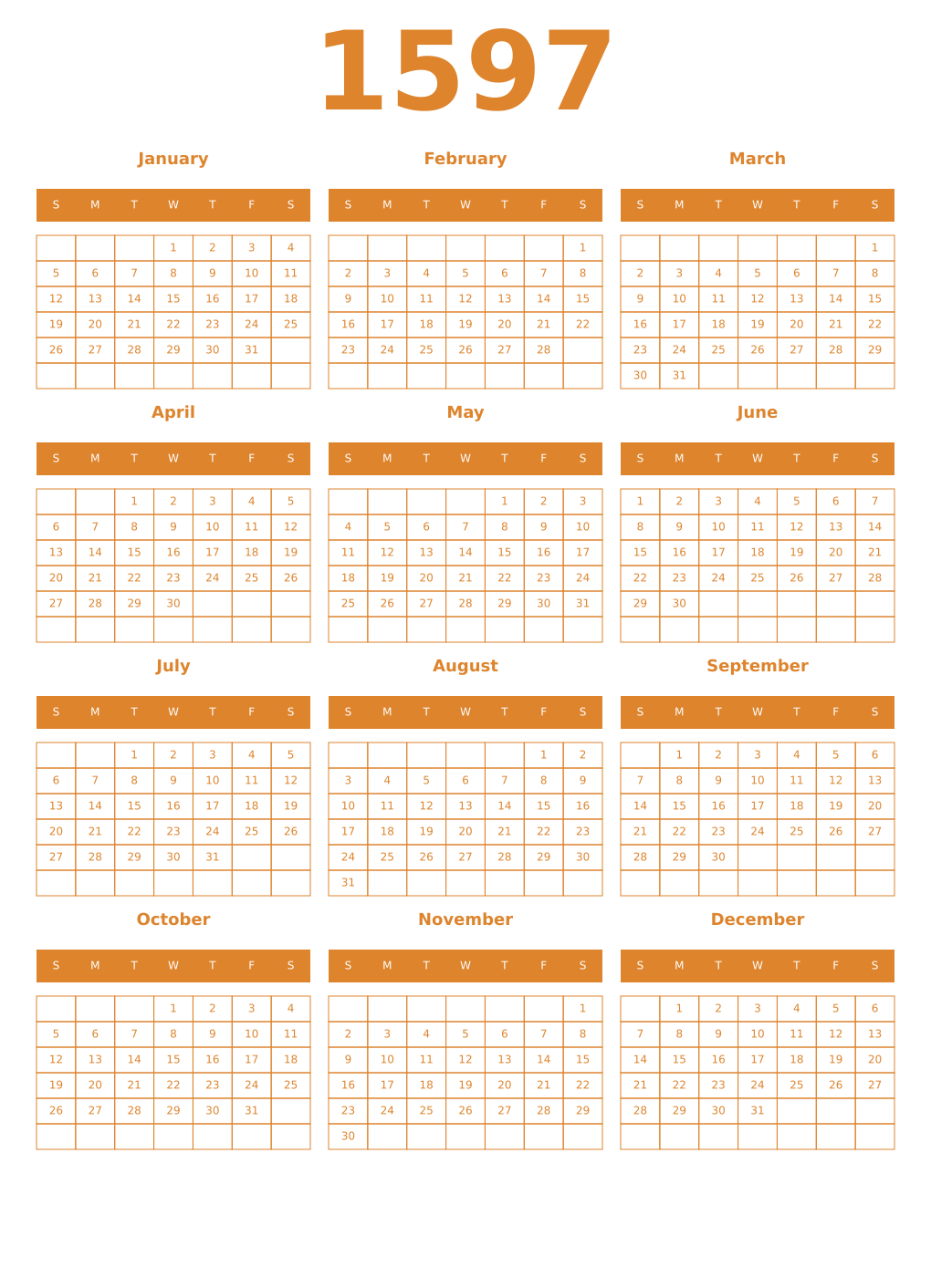 Printable 1597 Year Calendars orange