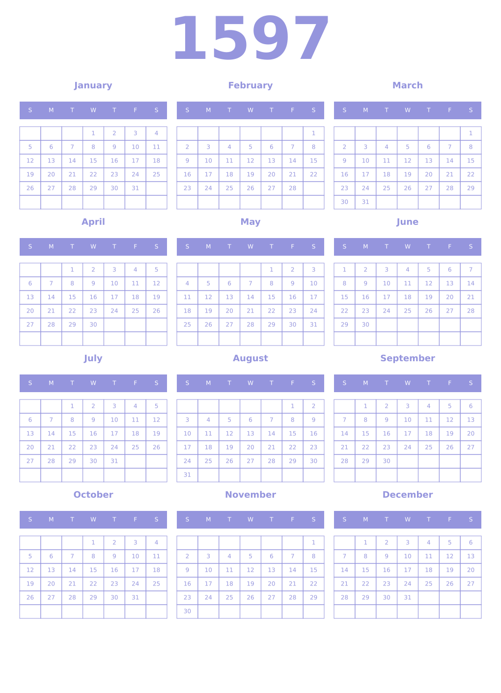 Printable 1597 Year Calendars periwinkle