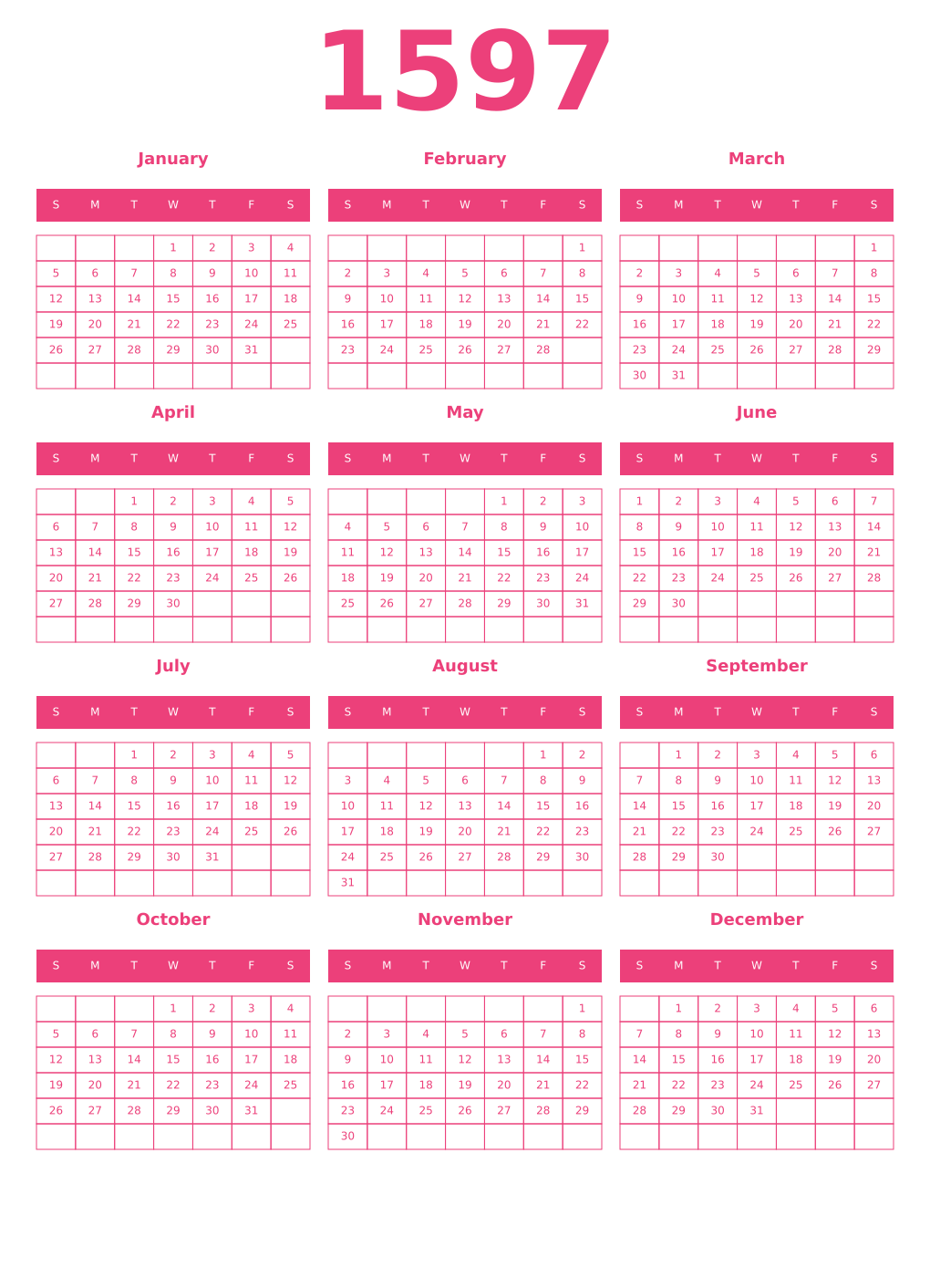 Printable 1597 Year Calendars pink