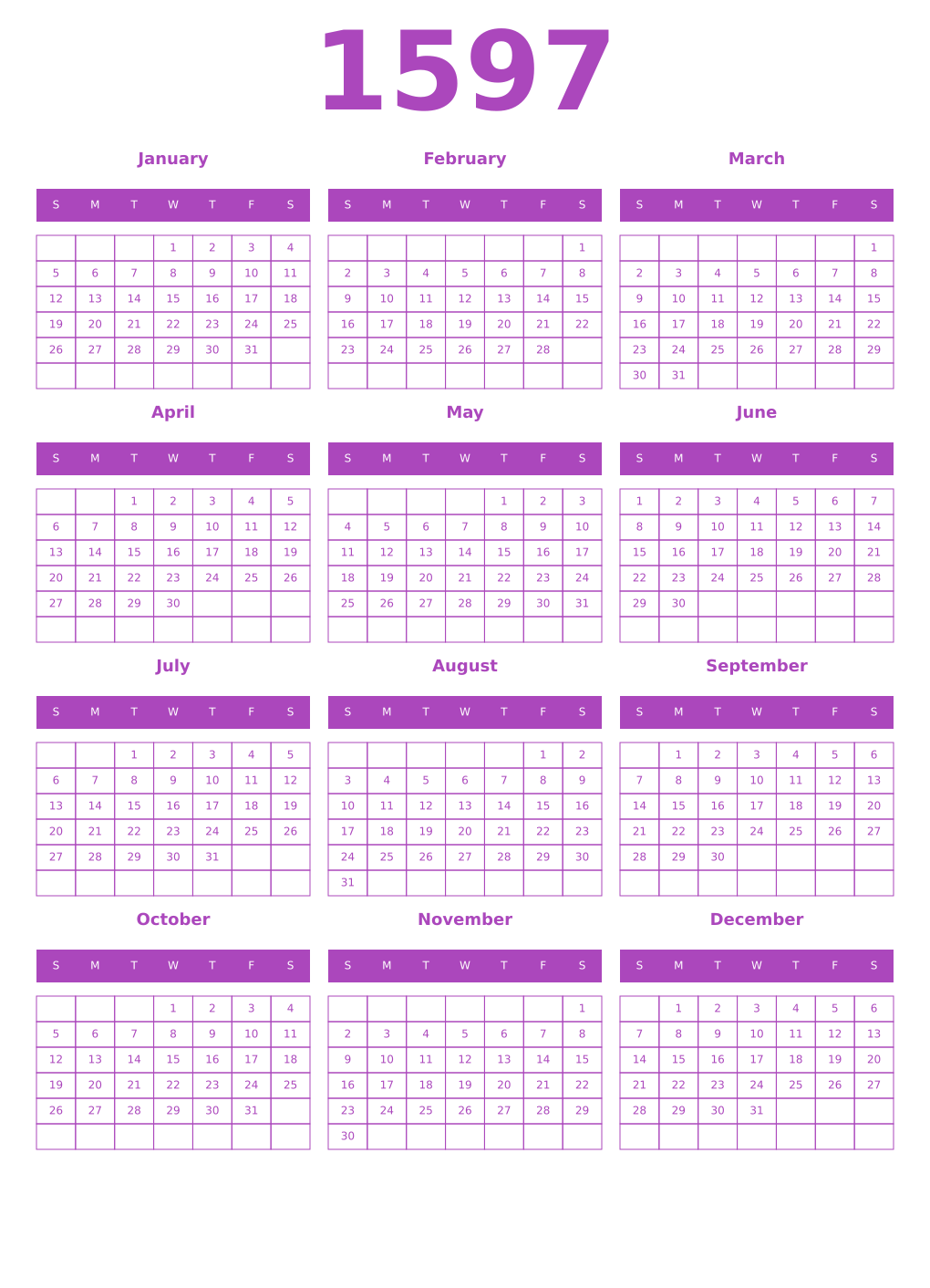Printable 1597 Year Calendars purple