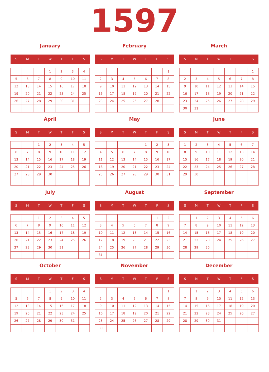 Printable 1597 Year Calendars red