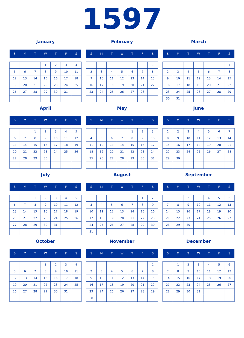 Printable 1597 Year Calendars smalt