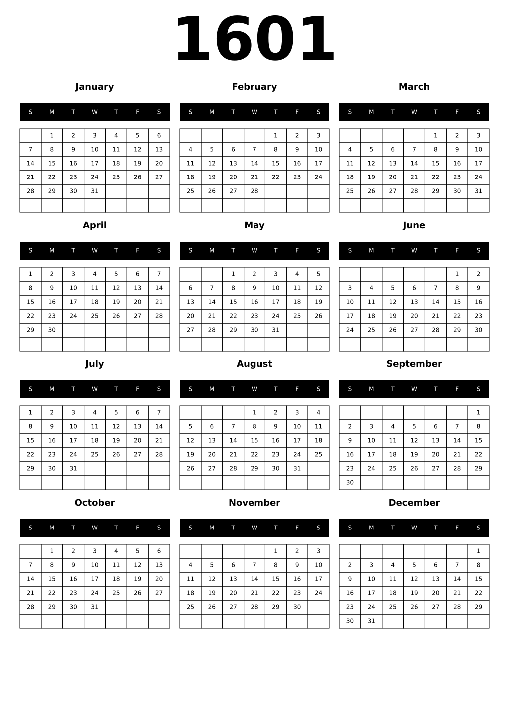 Printable 1601 Calendars