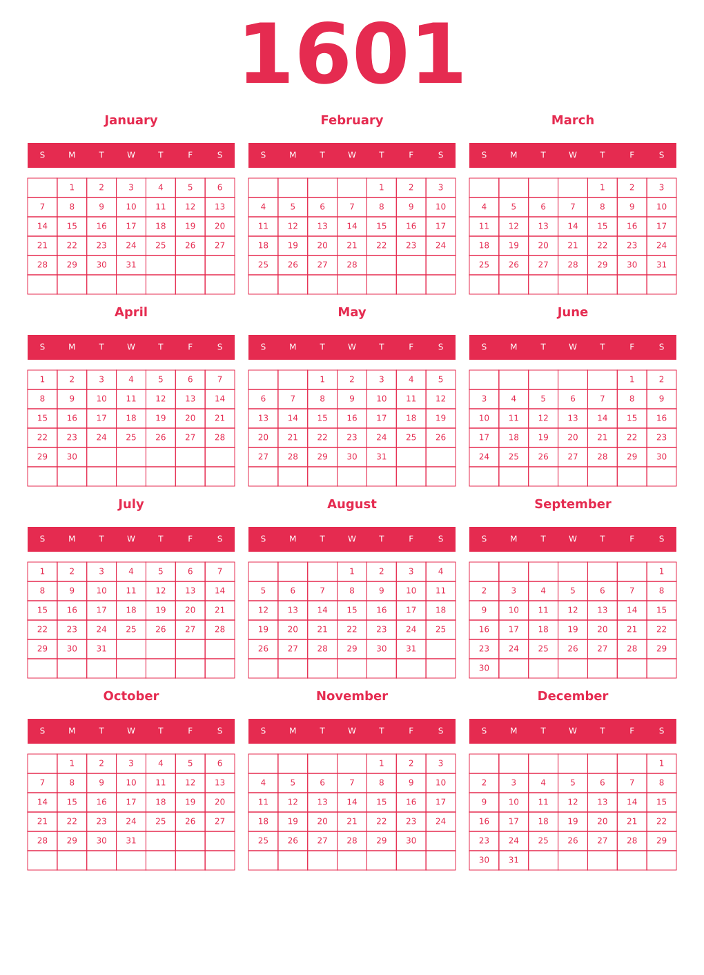 Printable 1601 Year Calendars amaranth