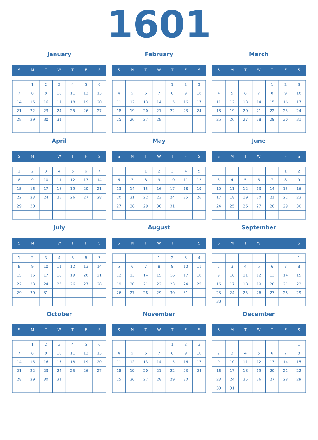 Printable 1601 Year Calendars blue