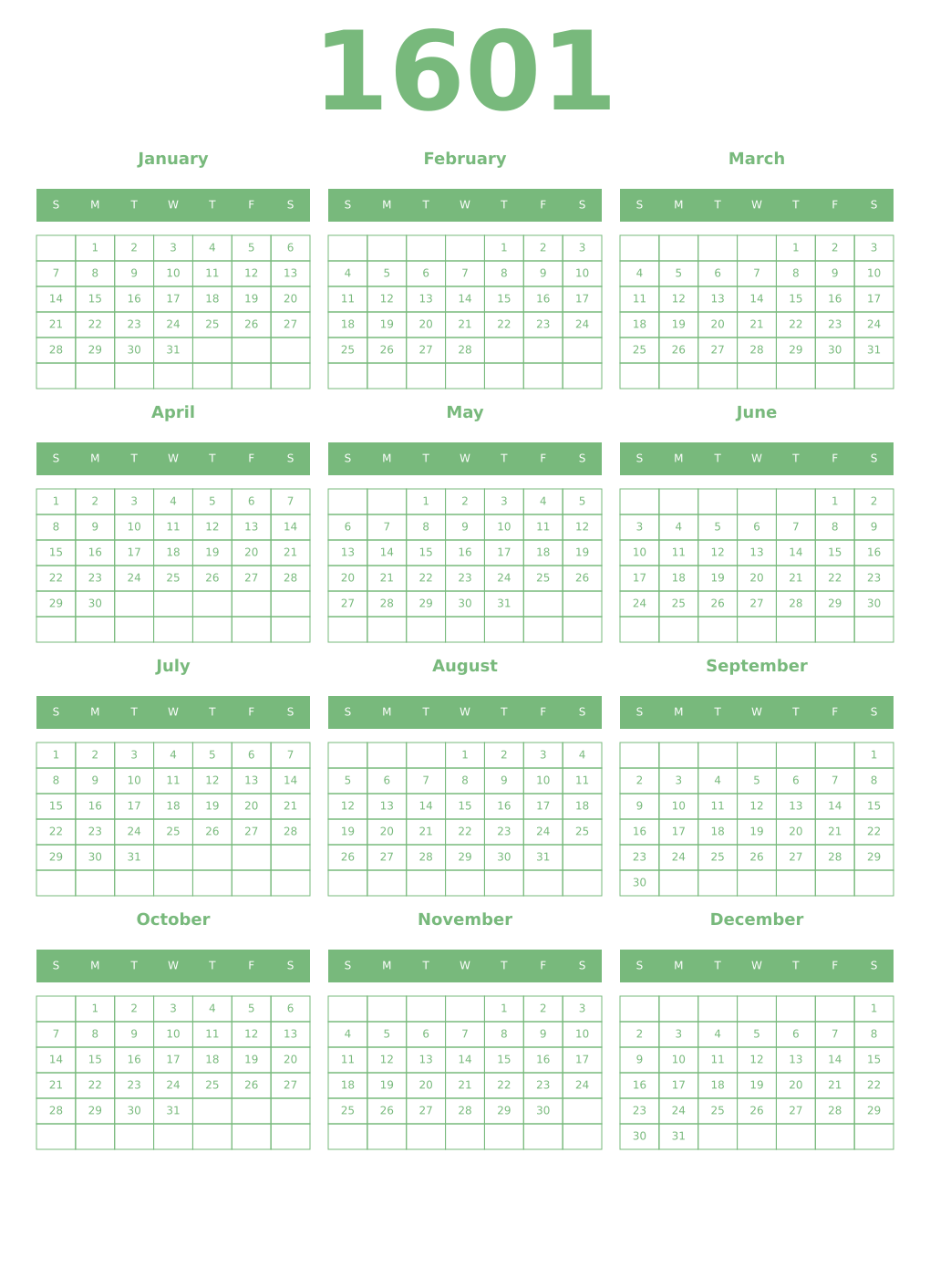 Printable 1601 Year Calendars celadon