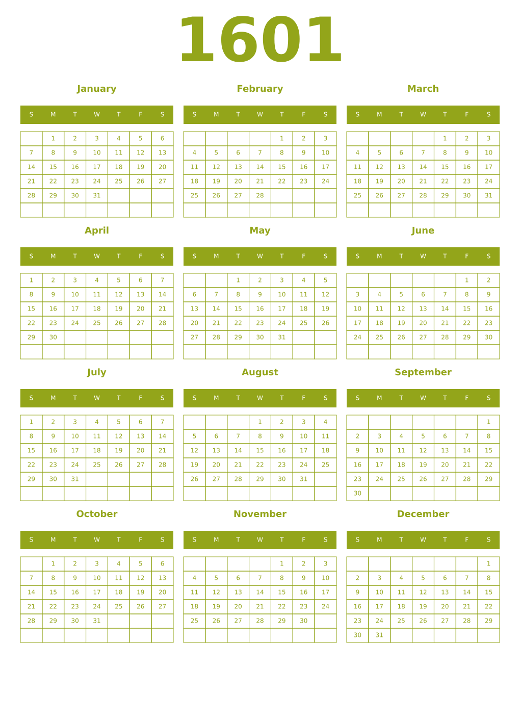 Printable 1601 Year Calendars chartreuse