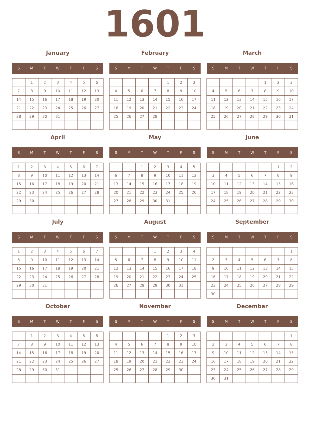 Printable 1601 Year Calendars coffe