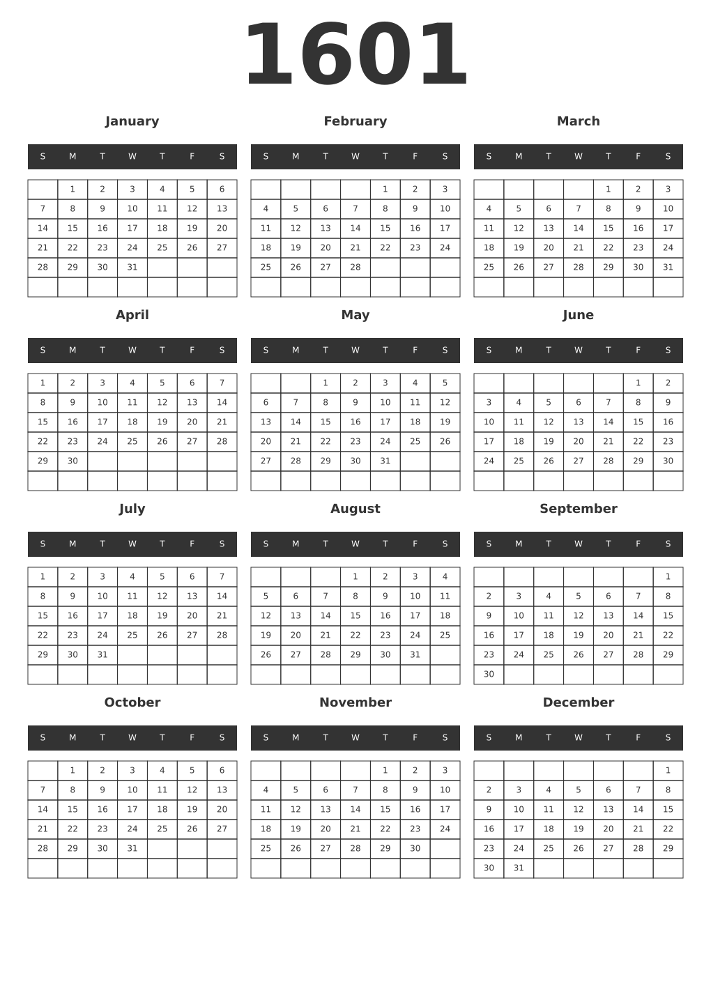 Printable 1601 Year Calendars dark
