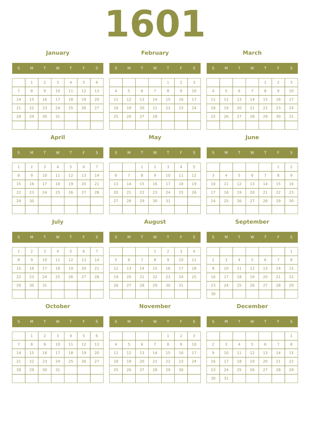 Printable 1601 Year Calendars eburnean