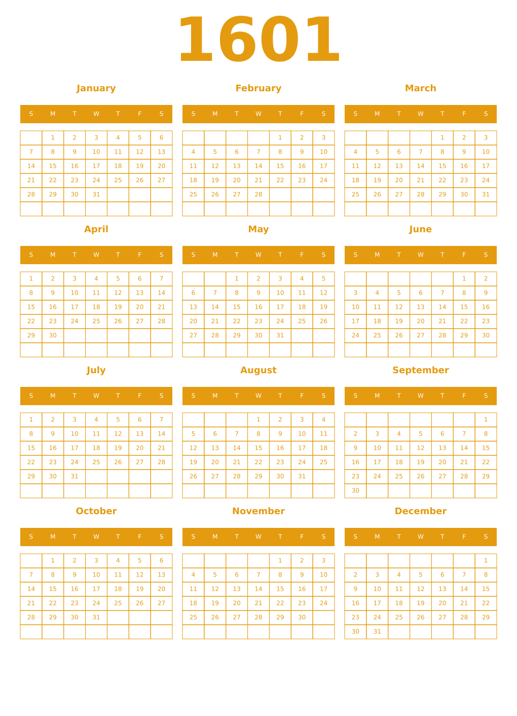 Printable 1601 Year Calendars gamboge