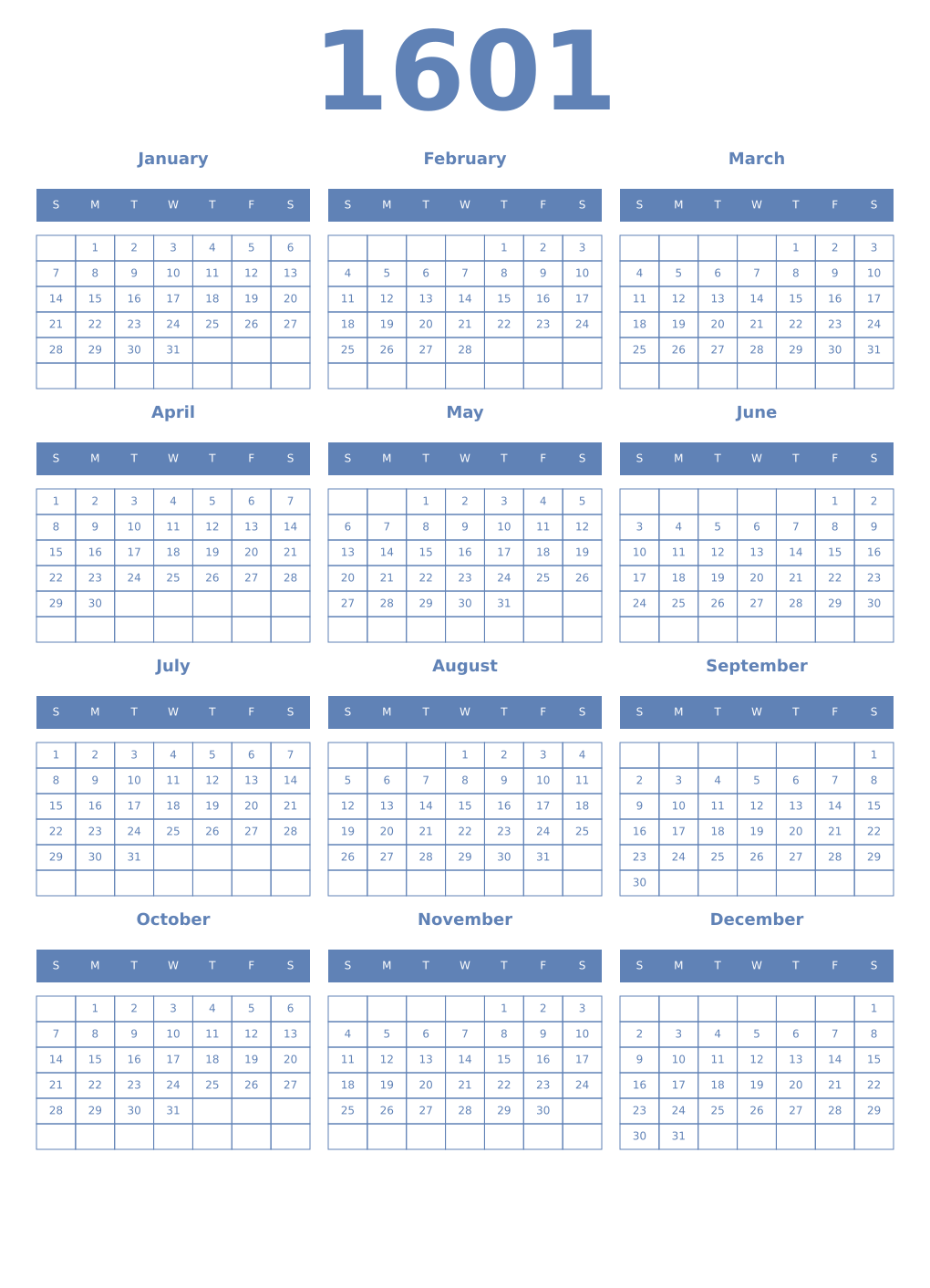Printable 1601 Year Calendars glaucous
