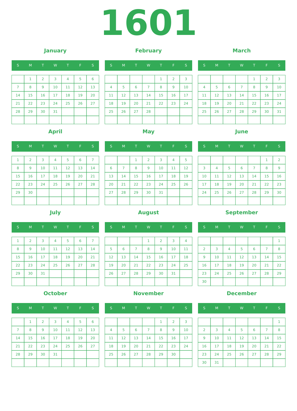 Printable 1601 Year Calendars green