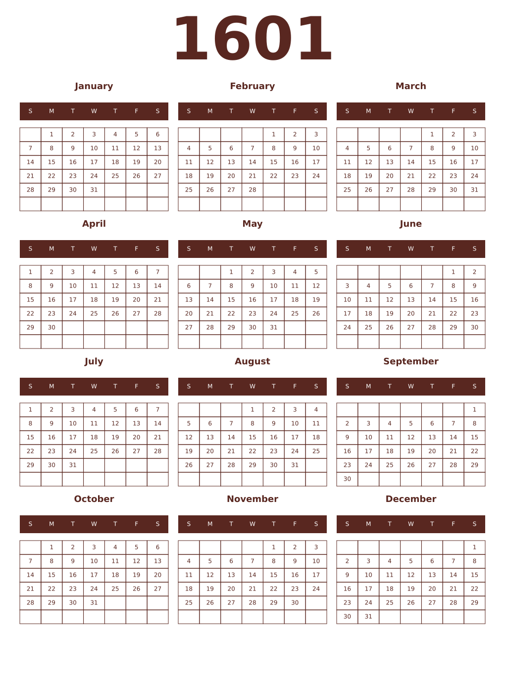 Printable 1601 Year Calendars mortuum