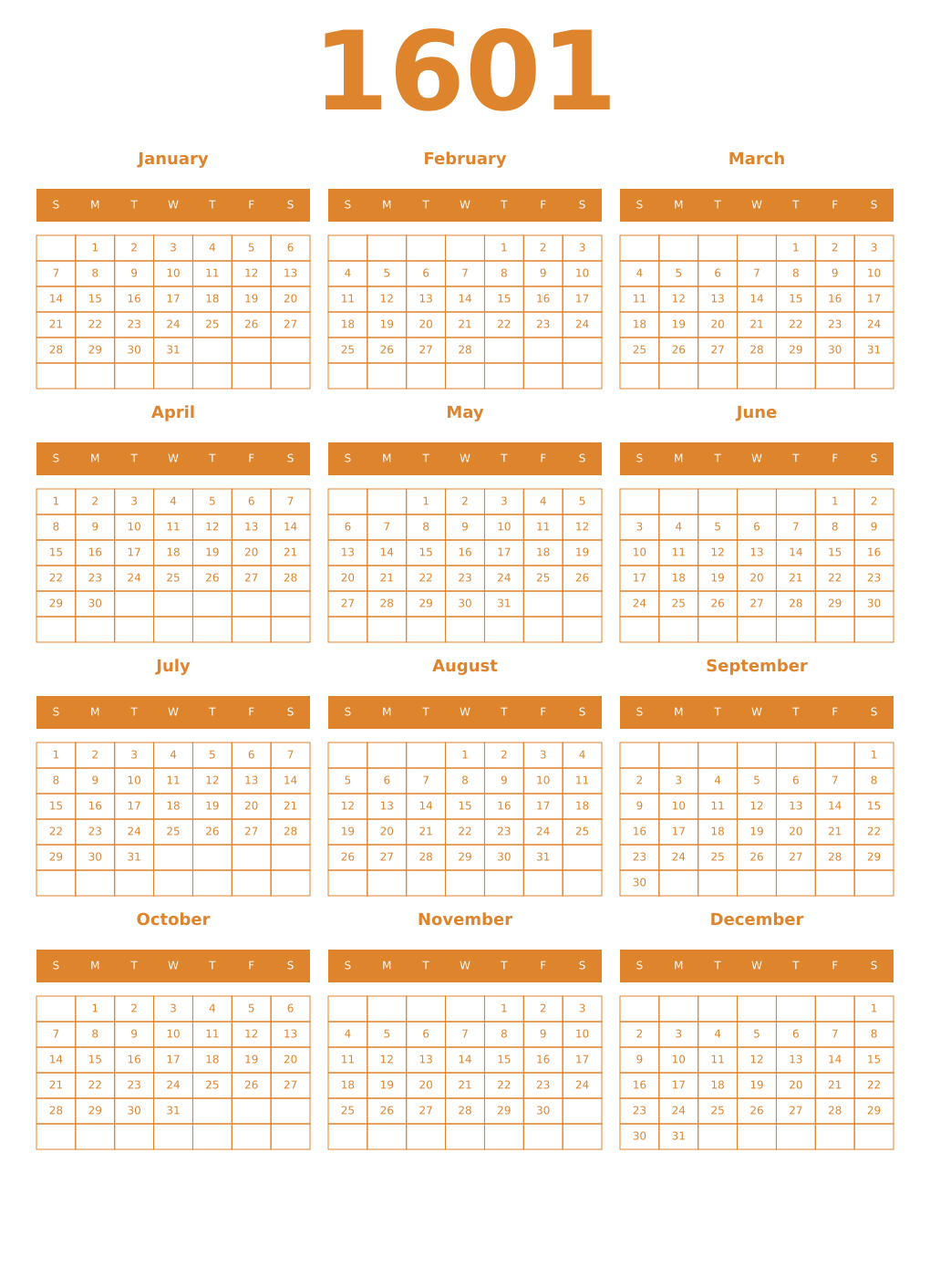 Printable 1601 Year Calendars orange