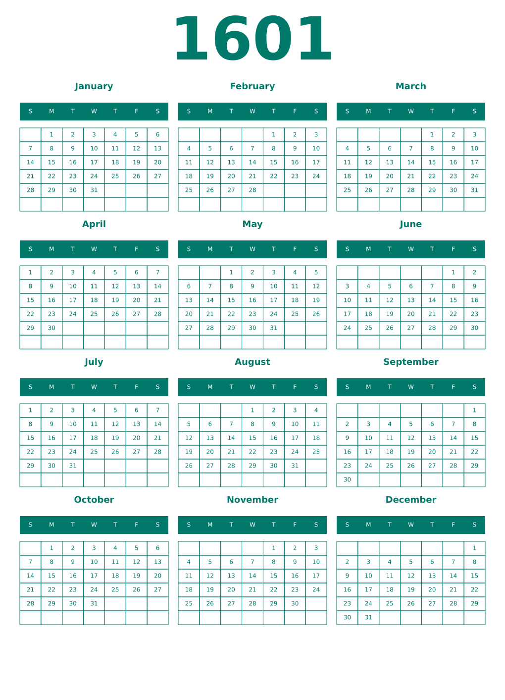 Printable 1601 Year Calendars pastel