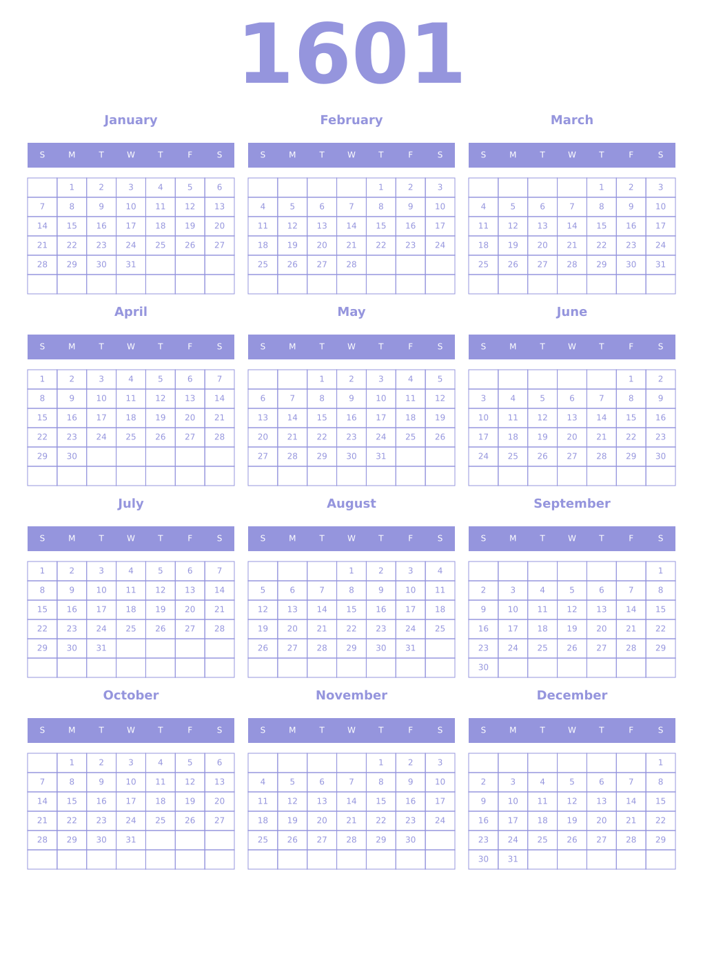 Printable 1601 Year Calendars periwinkle