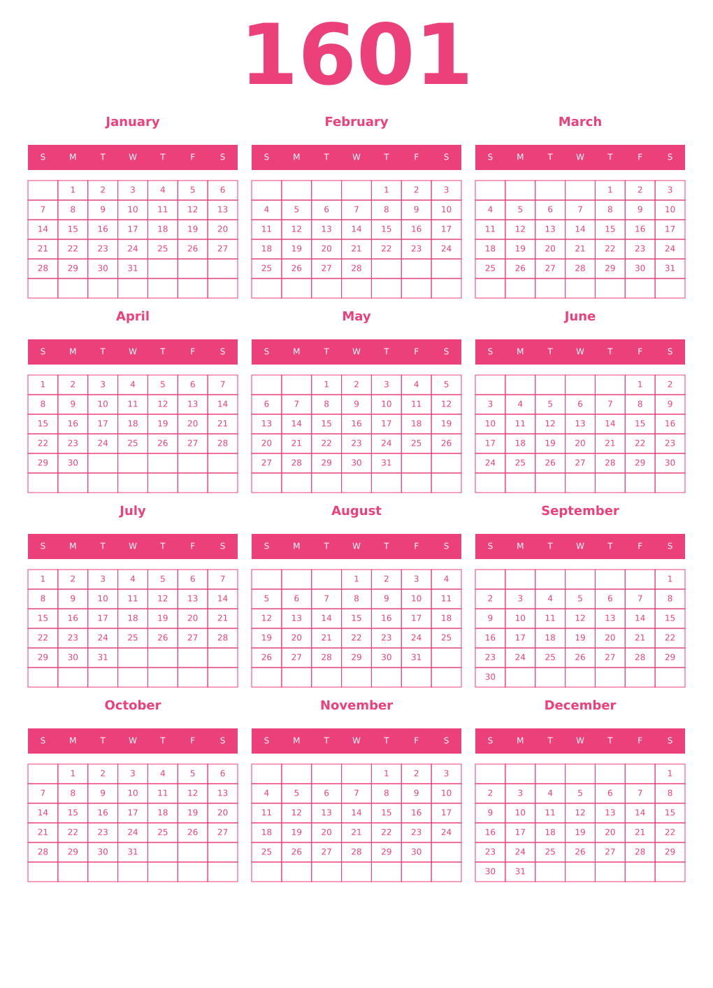 Printable 1601 Year Calendars pink