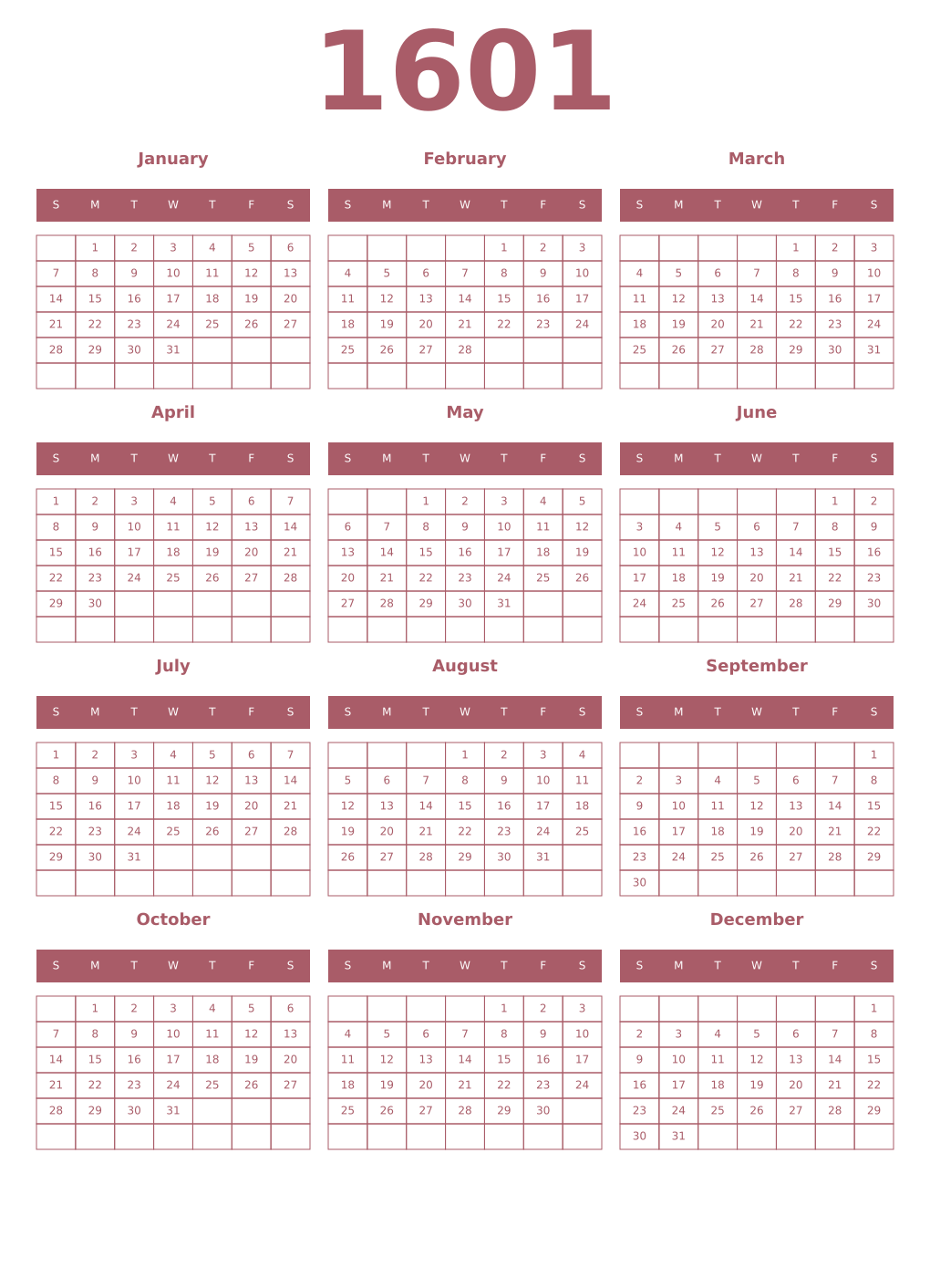 Printable 1601 Year Calendars puce