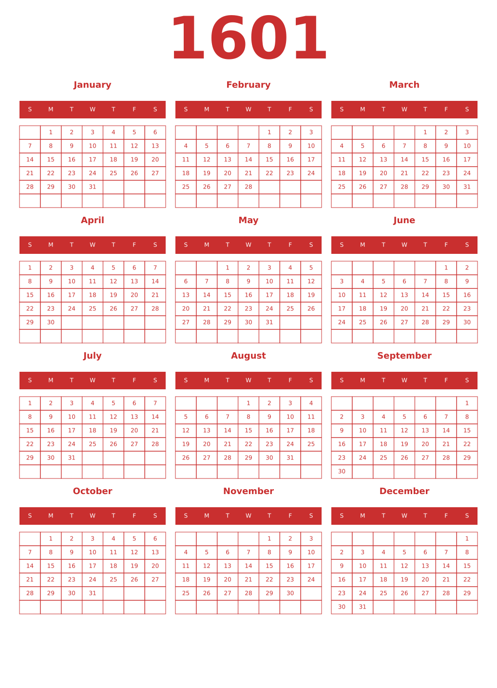 Printable 1601 Year Calendars red