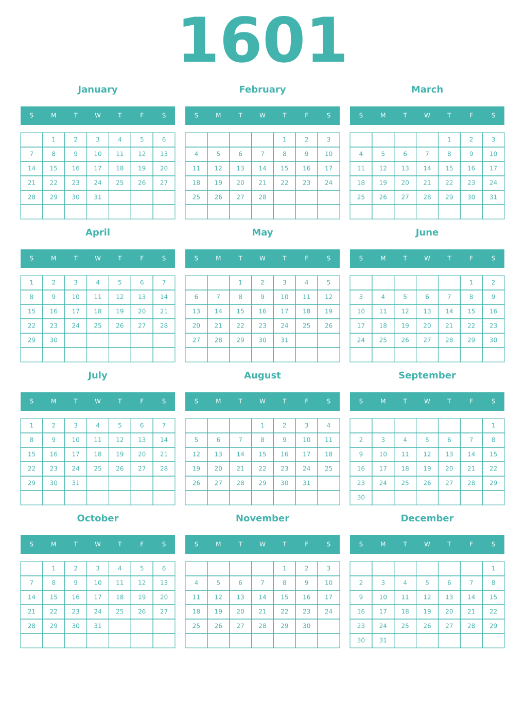Printable 1601 Year Calendars verdigris