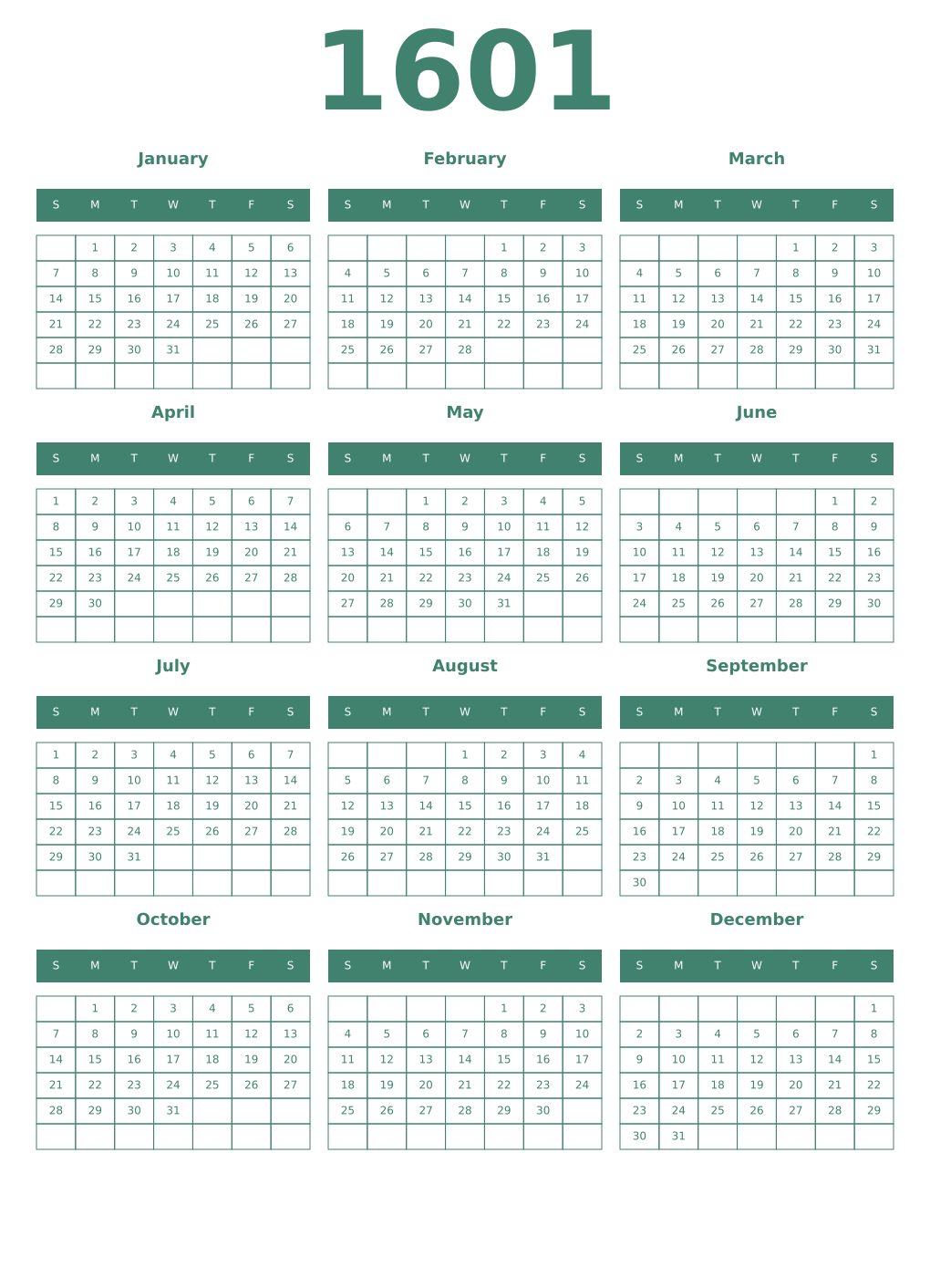 Printable 1601 Year Calendars viridian