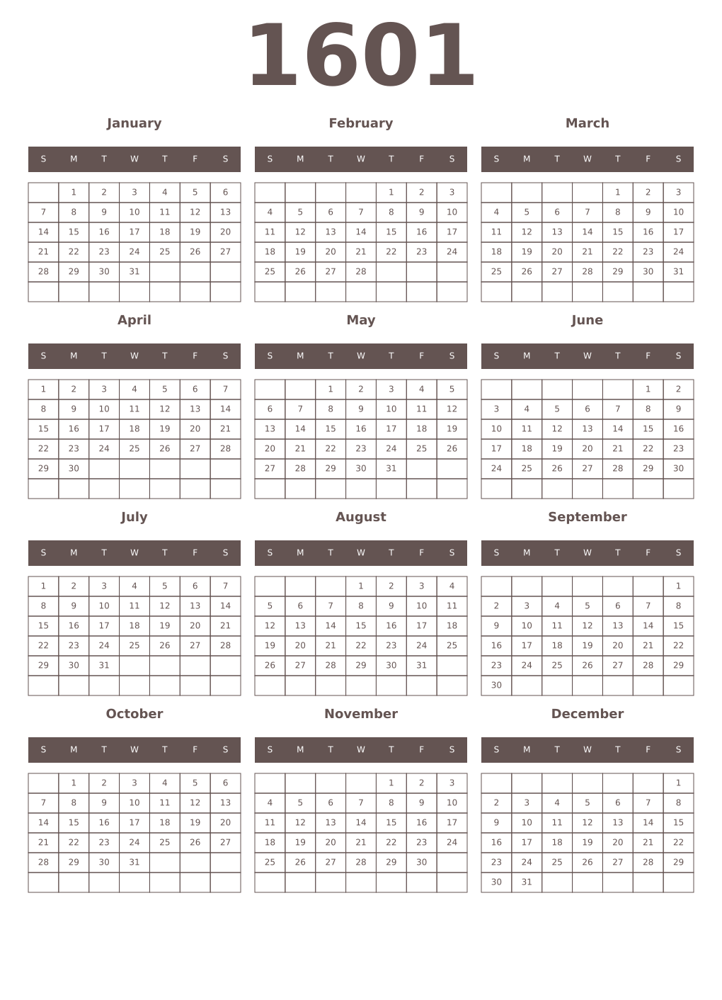 Printable 1601 Year Calendars wenge