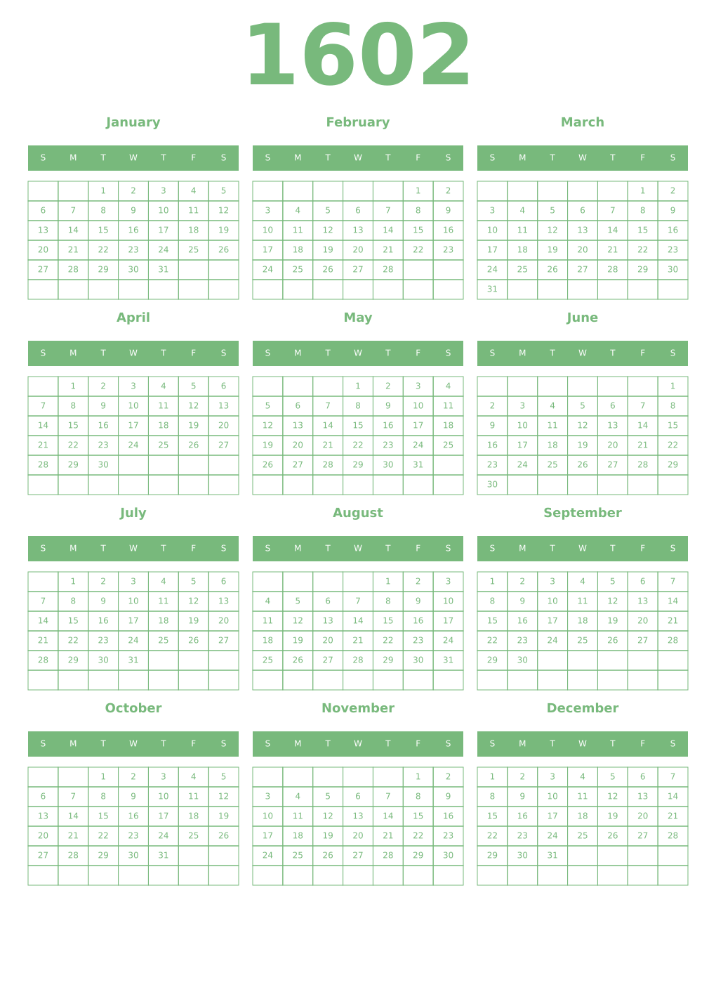 Printable 1602 Year Calendars celadon