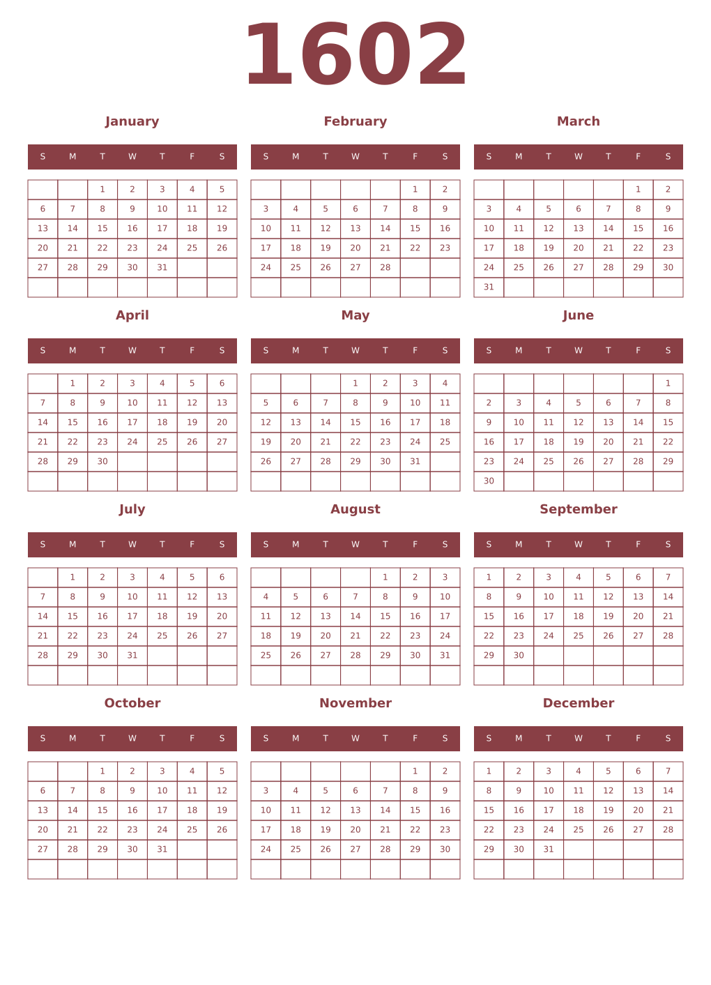 Printable 1602 Year Calendars cordovan