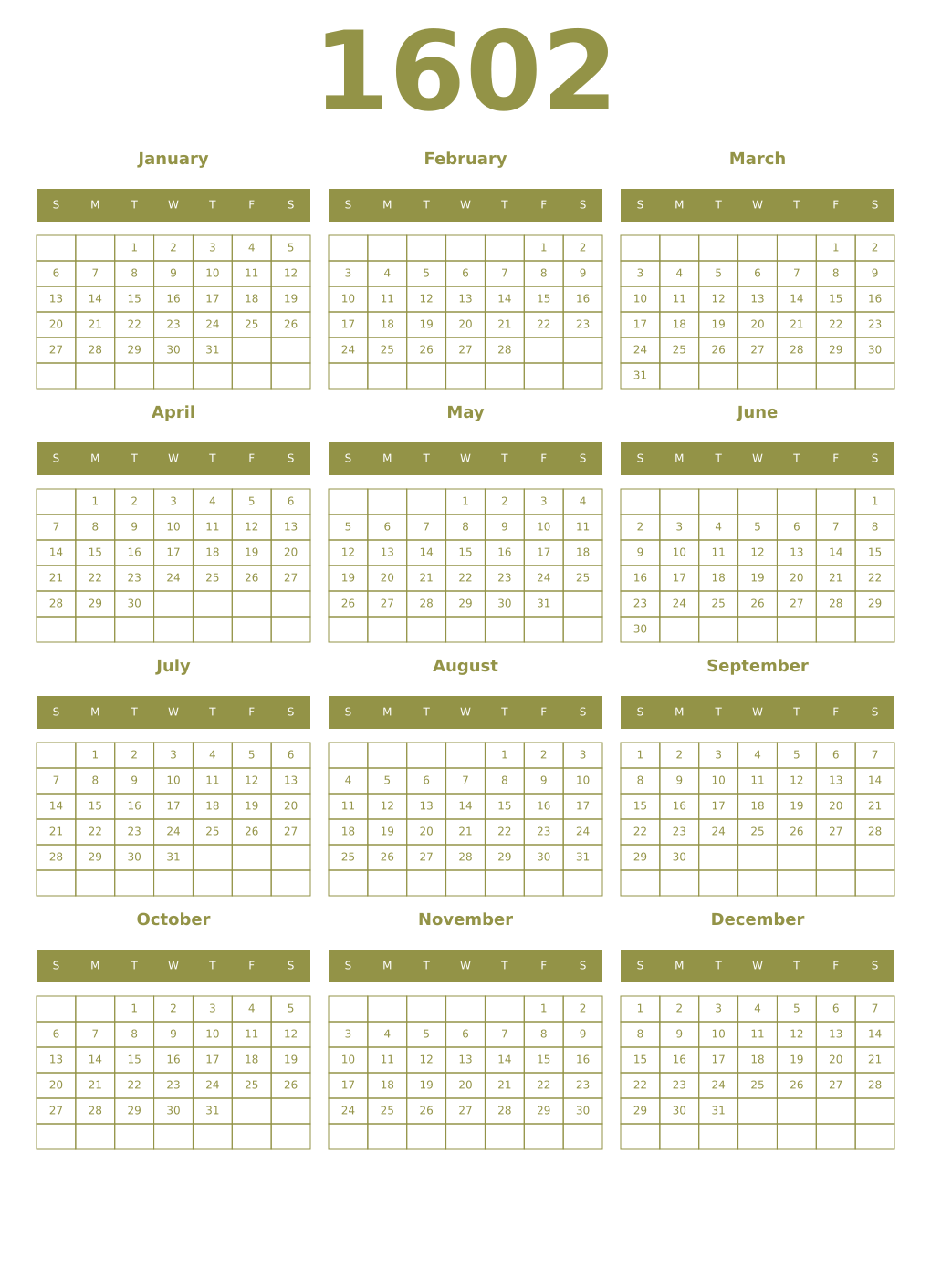 Printable 1602 Year Calendars eburnean