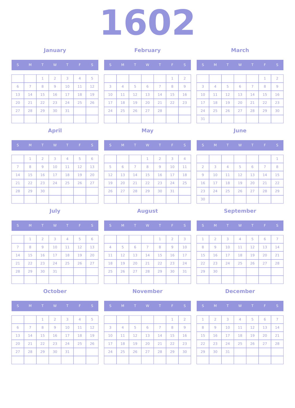 Printable 1602 Year Calendars periwinkle