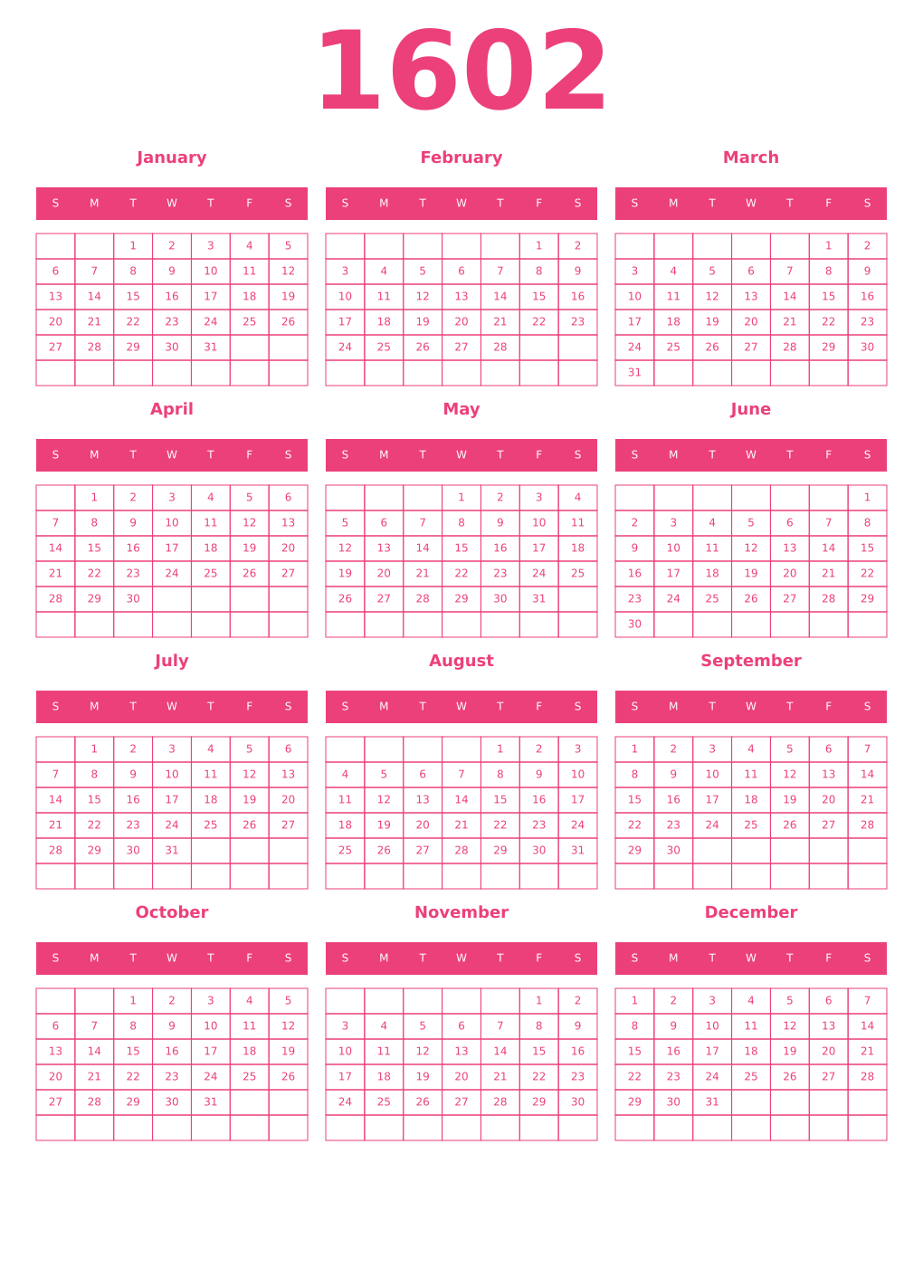 Printable 1602 Year Calendars pink