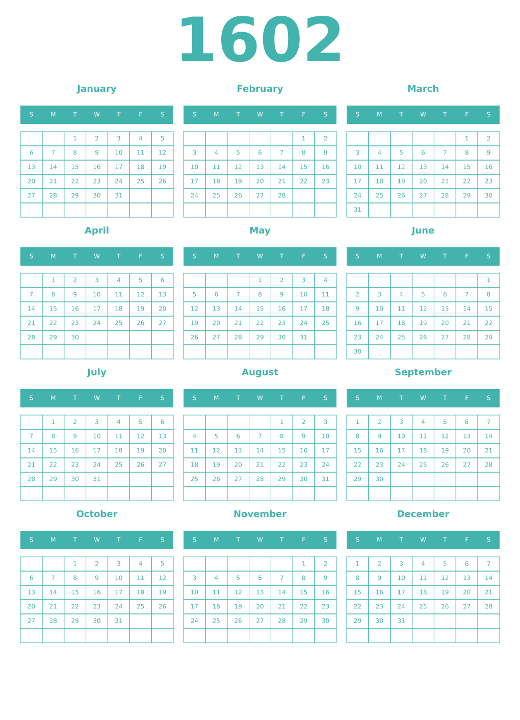 Printable 1602 Year Calendars verdigris