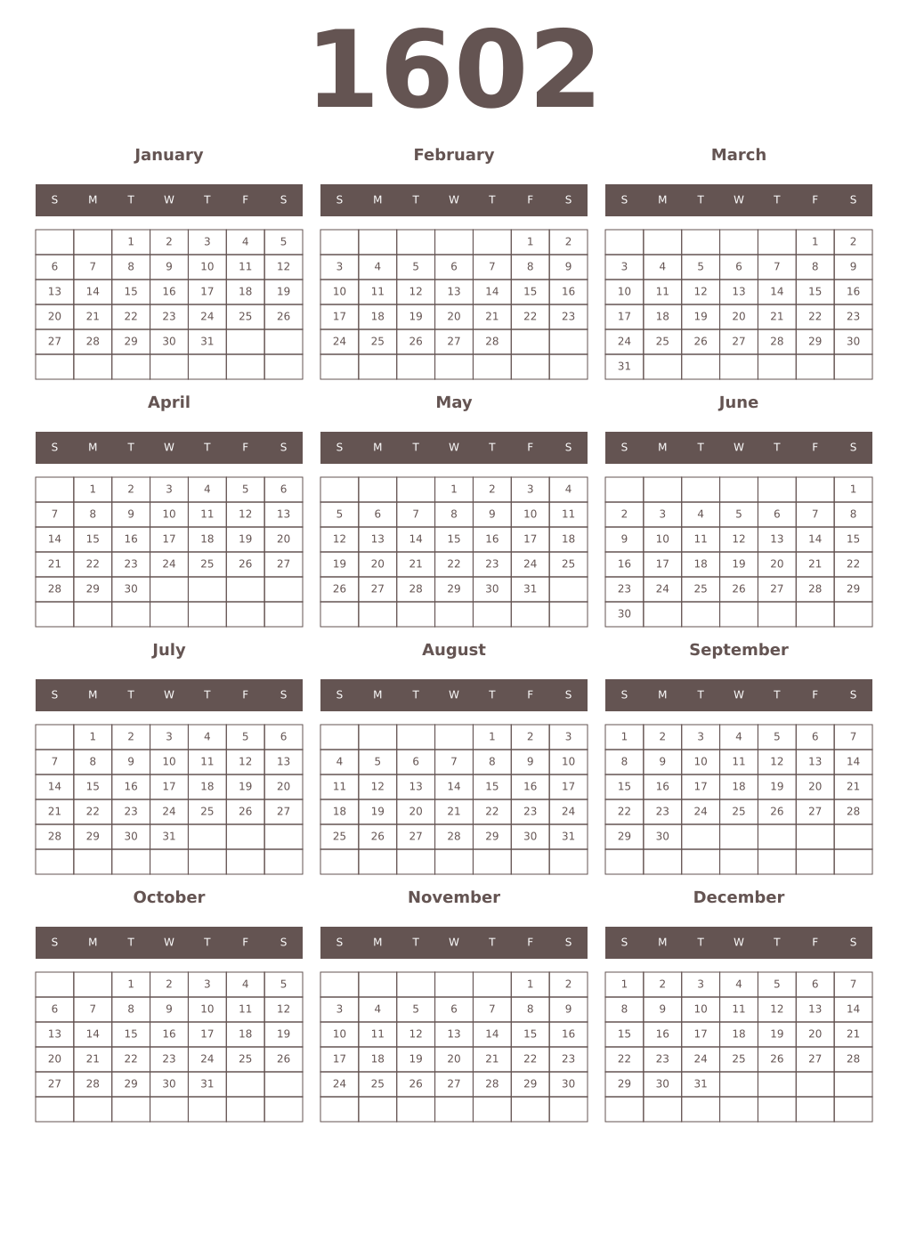 Printable 1602 Year Calendars wenge