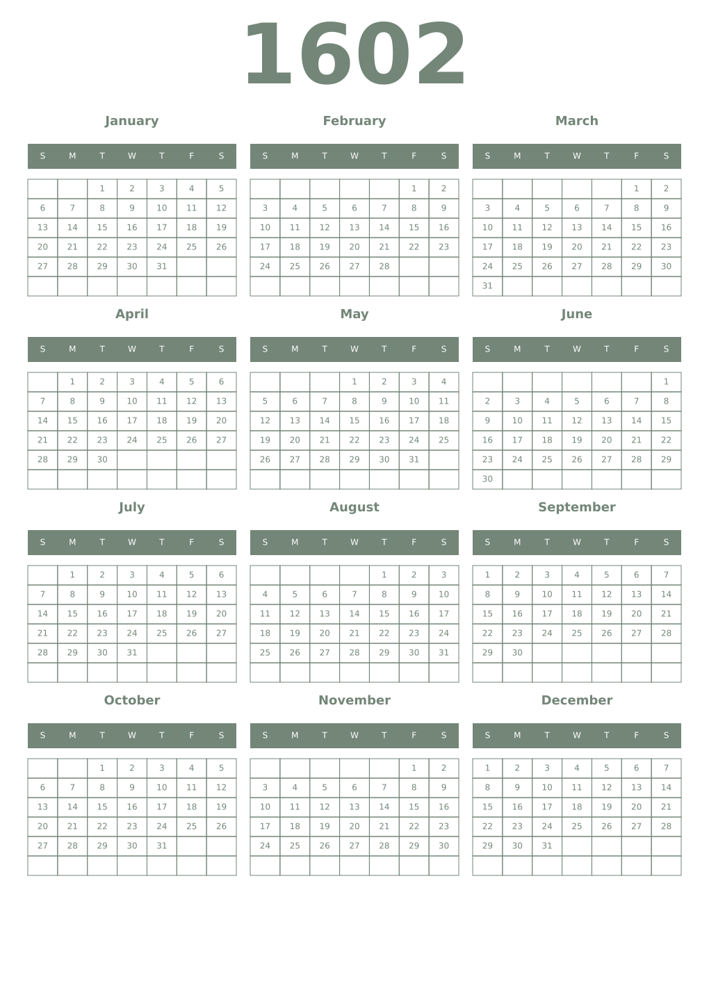 Printable 1602 Year Calendars xanadu